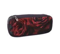 Red and Black Rose Printed Pu Leather Pencil Case Box Flip Pen Bag and Makeup Cosmetic Holder for Girls Boys School Students