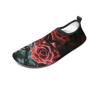 Red and Black Rose Water Shoes for Men Women, Lightweight Stretch Swim Shoes with Anti-Slip Rubber Sole, Quick-Dry Aqua Socks for Pool, Beach, Surfing, Style, 8 Women/8 Men