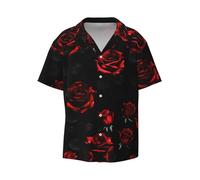Red and Black Roses Men's Shirt Short Sleeved Color Button Down Beach Shirt Tropical Holiday, Black, XL