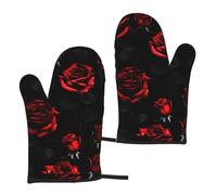 Red And Black Roses Print Waterproof Oven Mitts Versatile Size 5.9 X 11in Non Slip Bbq Gloves For Kitchen