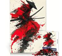 Red And Black Samurai Ink Painting 1000 Piece Jigsaw Puzzle for Teenagers Enhance Recall Family Bond Exact Edge Thoughtful Gift (50x75cm)