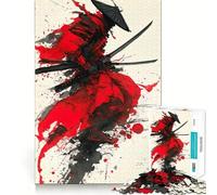 Red And Black Samurai Ink Painting Jigsaw Puzzle for Adults 1000 Pieces Memory Boost Group Play Pattern Assembly Xmas Surprise (38x26cm)