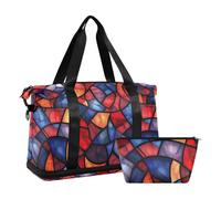 Red and Blue Abstract Pattern Stained Glass Style Waterproof Travel Tote Gym Bag Overnight Carry On Tote and Luggage with Adjustable Strap for Workout