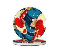 Red and Blue Carp 2 Pcs Ceramic Coasters with Cork Back and Finger Slot, Car Cup Holder Coasters