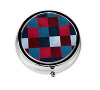 (Red and Blue Checkered) Round Pill Box with 3 Compartments Small Portable Pill Organizer for Travel