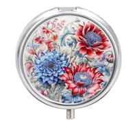 Red and Blue Flowers Pill Box 3 Compartment Small, Personalized Pill Organizer with Mirror, Portable Pill Case for Pocket Or Purse, Round Pill Containe Travel Gifts, Pill Holder