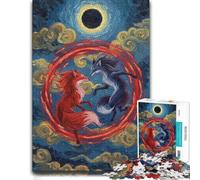 Red And Blue Foxes Under Eclipse Adult Wooden Jigsaw Puzzle 1000 Pieces | Christmas gift for puzzle lovers: home hobby for puzzle fans during indoor leisure.