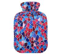 Red and Blue Geometric Pattern Stained Glass Style Travel hot Water Bottle with Soft Cover, 2L Warmer Bag for Neck and Shoulder Pain Relief, Menstrual Cramps, Bolsa Caliente para Dolores