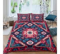 Red And Blue Pattern in Traditional Folk Art Style Duvet Cover Set 3 Piece Bedding Set 3D Print Soft Microfibre Polyester Cover with Pillowcases, Quilt Cover Double（200x200cm）