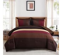 Red and Brown Comforter Set Queen Size, Boho Burgundy Striped Bedroom Bedding Comforter Set 7 Piece Bed in a Bag, Soft Microfiber Down Alternative Farmhouse Bedding Set for All Season(90''x90'')