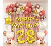 Red and Gold 28th Birthday Decorations for Women - Party Backdrop with Latex, Foil Balloons & Foil Fringe Curtains, Happy Birthday Banner, 28 Number Foil Balloons, for Birthday Party Supplies
