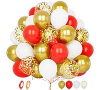 Red and Gold Balloons, 60 pcs 12 Inch Matte Red White Metallic Gold Confetti Latex Balloons with Ribbon for Girls Birthday Valentines Wedding Bridal Shower Anniversary Bachelorette Party Decorations
