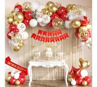 Red and Gold Birthday Party Decorations with Happy Birthday Banner, Red White Gold Confetti Balloons, Heart and Star Foil Balloons, Sash, Cake Topper for Women Girls Princess Party Supplies