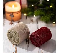 Red and Gold Wired Christmas Ribbon Roll for DIY Holiday Decor Wrapping Bow Making Box Decoration - 196.85 in X 2.5 Within Linen Fabric Ribbon (2 Rolls)(Gold)