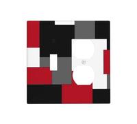 Red and Gray Black White Geometric Abstract Art 2 Gang Combination 1-Toggle 1- Duplex Light Switch Cover, Mid Century Red Grey Plaid Grid Two Gang Single Toggle/Receptacle Wall Plate and Outlet Covers