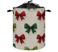 Red And Green Bows Laundry Basket Laundry Hamper Round Collapsible Drawstring Clothes Hamper for Bedroom Bathroom
