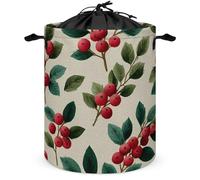 Red And Green Holly Bouquet Laundry Basket Laundry Hamper Round Collapsible Drawstring Clothes Hamper for Bedroom Bathroom