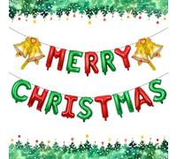 Red and Green Merry Christmas Balloons Golden Bell Balloons 16 Inch Mylar Foil Letters Merry Christmas Balloon Banner Xmas Backdrops for Party Decorations and Supplies