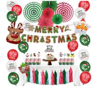 Red and Green Merry Christmas Party Supplies Set,Christmas Hangings Garland Banner,Santa Claus Elk Balloon,Colorful Tassel Banner,Cake Topper for New Year's Party Decoration