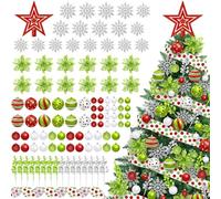 Red and Green Tree Decorations Set 108 Pcs Tree Ornament Kit with Tree Topper Star and Ball Ornaments, Glitter Snowflakes, Flowers, Berry Stems, Organza Ribbon for Holiday Party Decor