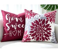Red and Grey Cushion Covers 45 x 45, 2 Pack Super Soft Short Plush Dahlia Sofa Cushion Cover, Floral Farmhouse Decorative Throw Pillows Case, Velvet Feel Pillowcase, For Living Room Bedroom Garden