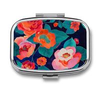Red and Orange Flowers Pill Organizer Metal Pill Box - 2 Compartments, Sleek & Portable Medicine Case for Travel, Daily Use