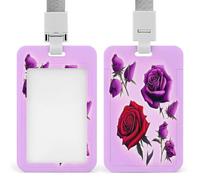 Red and Purple Roses ID Badge Holder Waterproof Card Protector Push-Pull Slot Work ID Card Holder with Lanyard Personalized Detachable Card Holders for Office Corporate Use