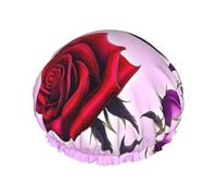 Red and purple roses Printed shower cap, reusable, specially designed for women's long hair, double-layer structure, suitable for bathing.