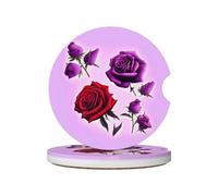 Red and purple roses Prints Ceramic car coasters (2-pack) absorb moisture, are non-slip and easy to clean for cars, trucks, and boats.