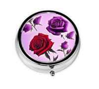 Red and Purple Roses Round Mini Pill Box: 3-Compartment Portable Metal Pill Organizer with Snap Closure, Ideal for Daily Travel Use