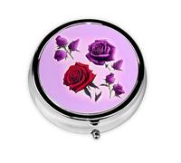 Red and Purple Roses Round mini Pill Box, Lightweight and Portable, with 3 Plastic Inserts, Suitable for Carrying in Pockets or Wallets.