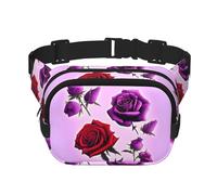 Red and purple roses Square Double Layer Waist Bag Belt - Unisex Everywhere Fanny Pack Purse for Running, Travel, Hiking, Fitness, Black, One Size