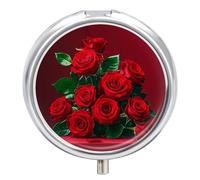 Red and Roses Medicine Pill Case, 3 Compartment Round Pill Box, Portable Decorative Medicine Organizer for Pocket Or Purse Vitamin Organize