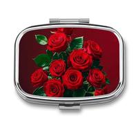 Red and Roses Pill Box with 2 Compartments Portable Metal Medicine Organizer for Pocket Purse and Travel Compact Pill Case and Fish Oil Vitamins Supplements