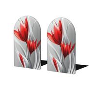 Red And White Abstract Red Tulip Bookends For Shelves 2 Pcs Wooden Book Stopper Organizer For Home Office Libraries
