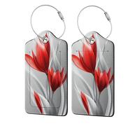 Red and White Abstract Red Tulip Luggage Tag for Suitcase 2 Pack Leather Luggage Tag with Privacy Flap Name Id Label and Metal Loop for Women Men Travel