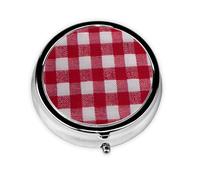 (Red and White Checkered) Round Pill Box with 3 Compartments Small Portable Pill Organizer for Travel
