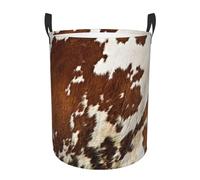 Red And White Cowhide Print Collapsible Circular Laundry Hamper - Waterproof Canvas Basket With Handles For Kids Toy Storage, Dirty Clothes Organizer For Bedroom/Laundry Room