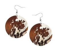 Red And White Cowhide Prints Leather Round Earrings Pendant Stylish And Light Lightweight Dangle For Women Girls, One Size, Leather, No Gemstone