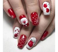 Red And White Festive Christmas Press On Nails With Santa Snowflake Candy Cane Designs - Medium Length Square Acrylic False Nails Kit For Winter Holiday Parties And Celebrations
