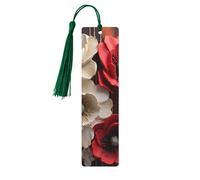 Red and White Flowers Wood Bookmark for Men Women Reading Wooden Bookmarks Unique Handmade Book Marks with Tassel Pendant Craft Bookmark for Book Lovers Birthday Teachers Gift