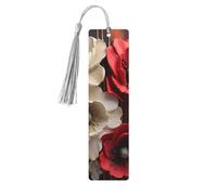 Red and White Flowers Wood Bookmark for Men Women Reading Wooden Bookmarks Unique Handmade Book Marks with Tassel Pendant Craft Bookmark for Book Lovers Birthday Teachers Gift