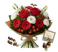 Red and White Fresh Flower Bouquet with Roses, Gerbera, Lisianthus, and Santini Design, For Celebrating Birthdays, Anniversaries, Get well, Thank you. Cocolate