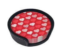 Red And White Hearts And Love,Set of 6 Round Coasters, Pu Leather Drinks Coasters with Holder for Home Office Kitchen