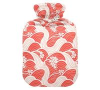 Red and White Japanese Waves hot Bottle Water Bag with Soft Cover, 2L hot compresses for The Body for Hot and Cold Therapies, Tummy Warmer, bolsas de agua Caliente para Dolores