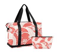 Red and White Japanese Waves Overnight Weekender Bags with Wet Pocket Adjustable Strap Gym Sports Duffel Bags for Trip Large Capacity for Men Women