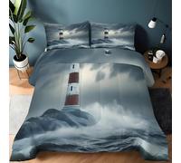 Red and White Lighthouse Single Duvet Coverless, Reversible Design, Ocean Retro Comforter & 2 Pillow Cases for Bedroom Decor, 10.5 Tog Ultra Soft Microfibre, All Seasons sz914