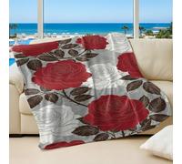 Red and White Roses Printed Flannel Blanket, Romantic Elegant Throw Blanket for Sofa and Bed, Cozy Bedding for Adults and Kids (04,180x200cm)