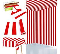 Red and White Striped Tablecloth Roll 52 in x 100 Ft with Slide Cutter Circus Carnival Party Supplies Halloween Christmas Plastic Picnic Table Cover for Indoor Outdoor Events Family Banquet Party