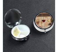 Red and White Wine Glasses Pill Box 3 Compartment Waterproof Pill Container with Mirror Metal Medicine Box Organizer Portable Vitamin Case for Pocket & Purse Travel - Round